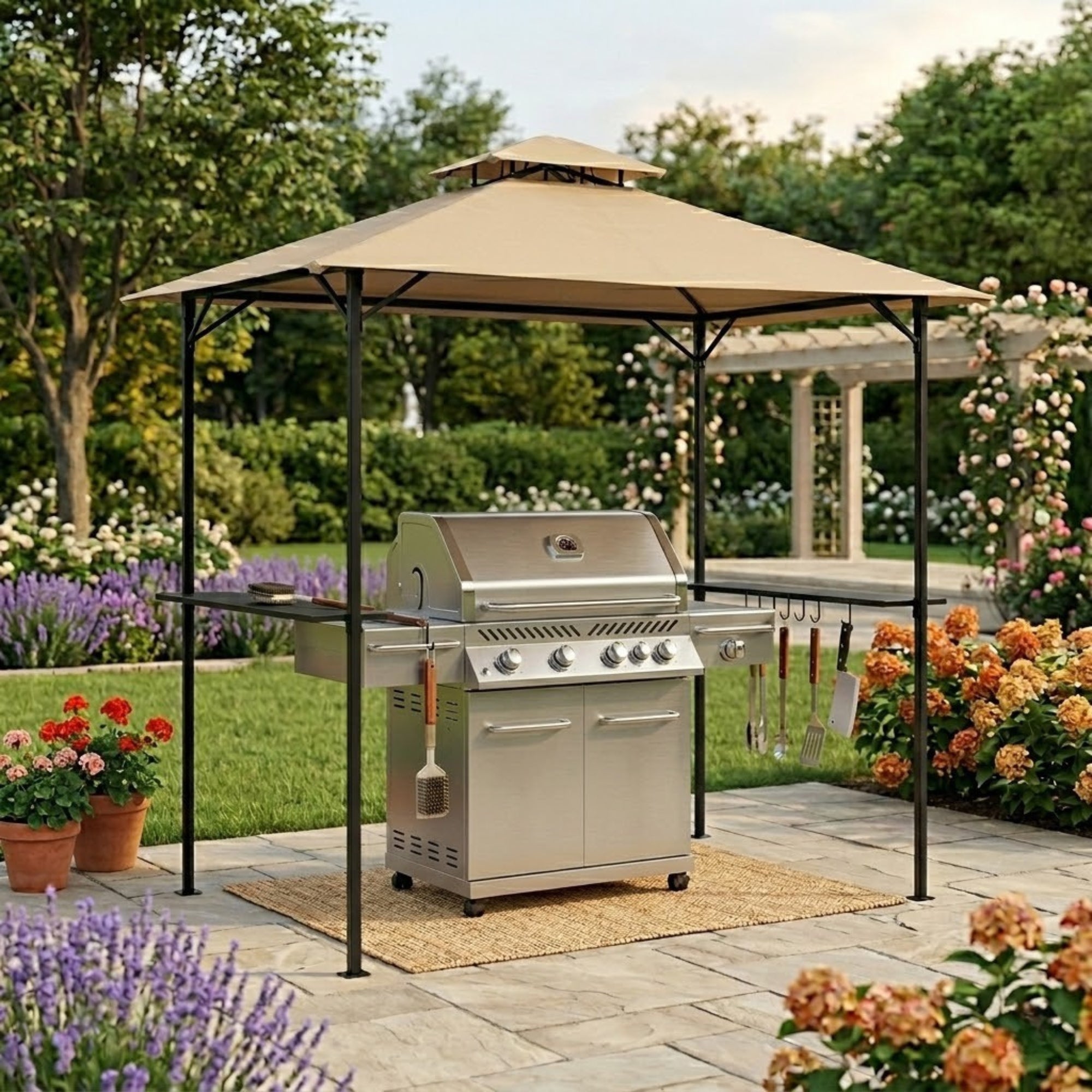 Replacement Canopy for Style Selections TBQ5380 8' X 5' Grill Gazebo - Beige, RipLock 350