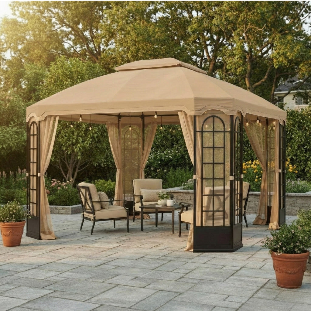 Replacement Canopy and Netting Set for Terrace L-GZ454PST-C 10' x 12' Gazebo - Beige, RipLock 350