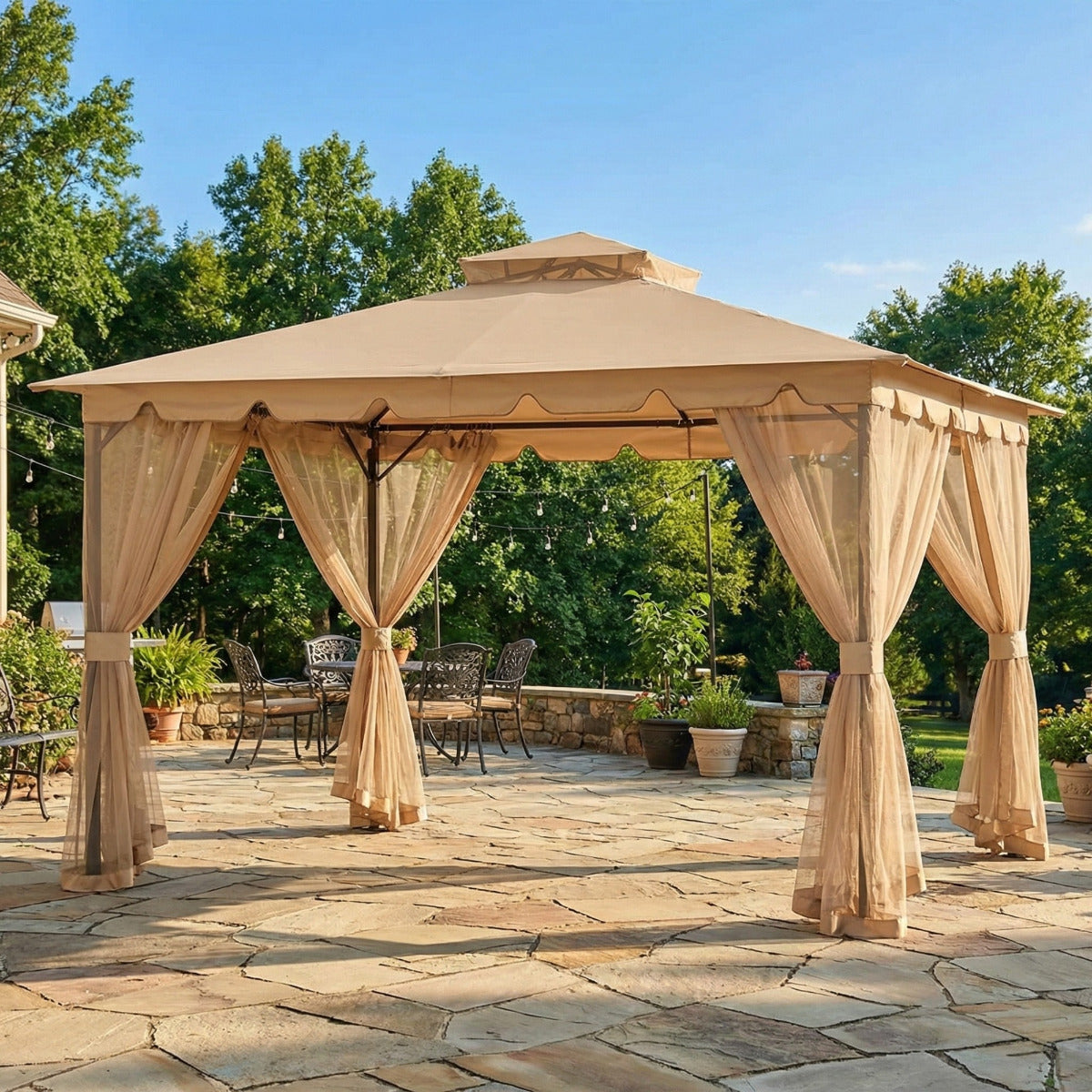 Replacement Canopy and Netting Set for Hampton II L-GZ215PST-5B 10' x 12' Gazebo - Beige, RipLock 350