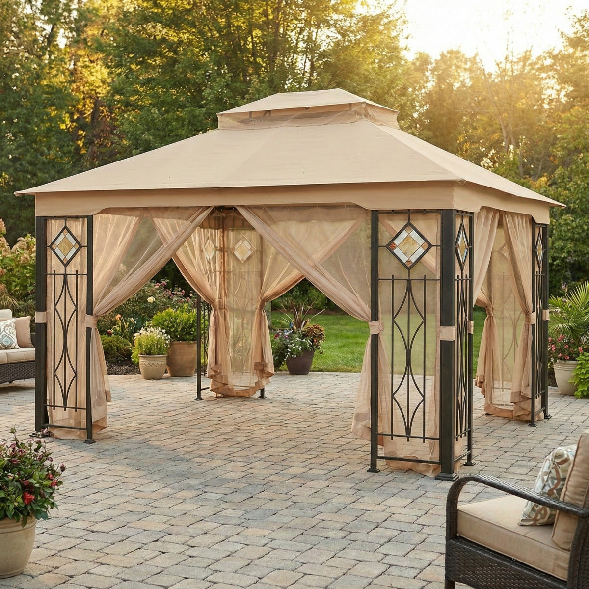 Replacement Canopy and Netting Set for Art Glass L-GZ694PST-E 10' x 12' Gazebo - Beige, RipLock 350