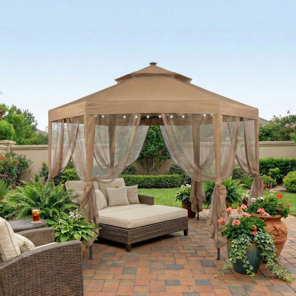 Replacement Canopy and Netting Set for Hexagon Solar GFS00679B 10' Gazebo - Beige, RipLock 350