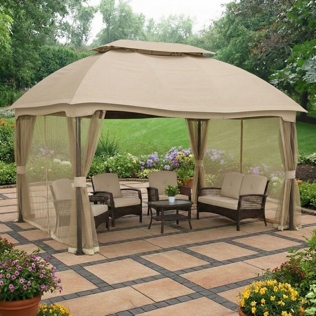 Replacement Canopy and Netting Set for Domed L-GZ822PCO 10'x13' Gazebo - Beige, RipLock 350