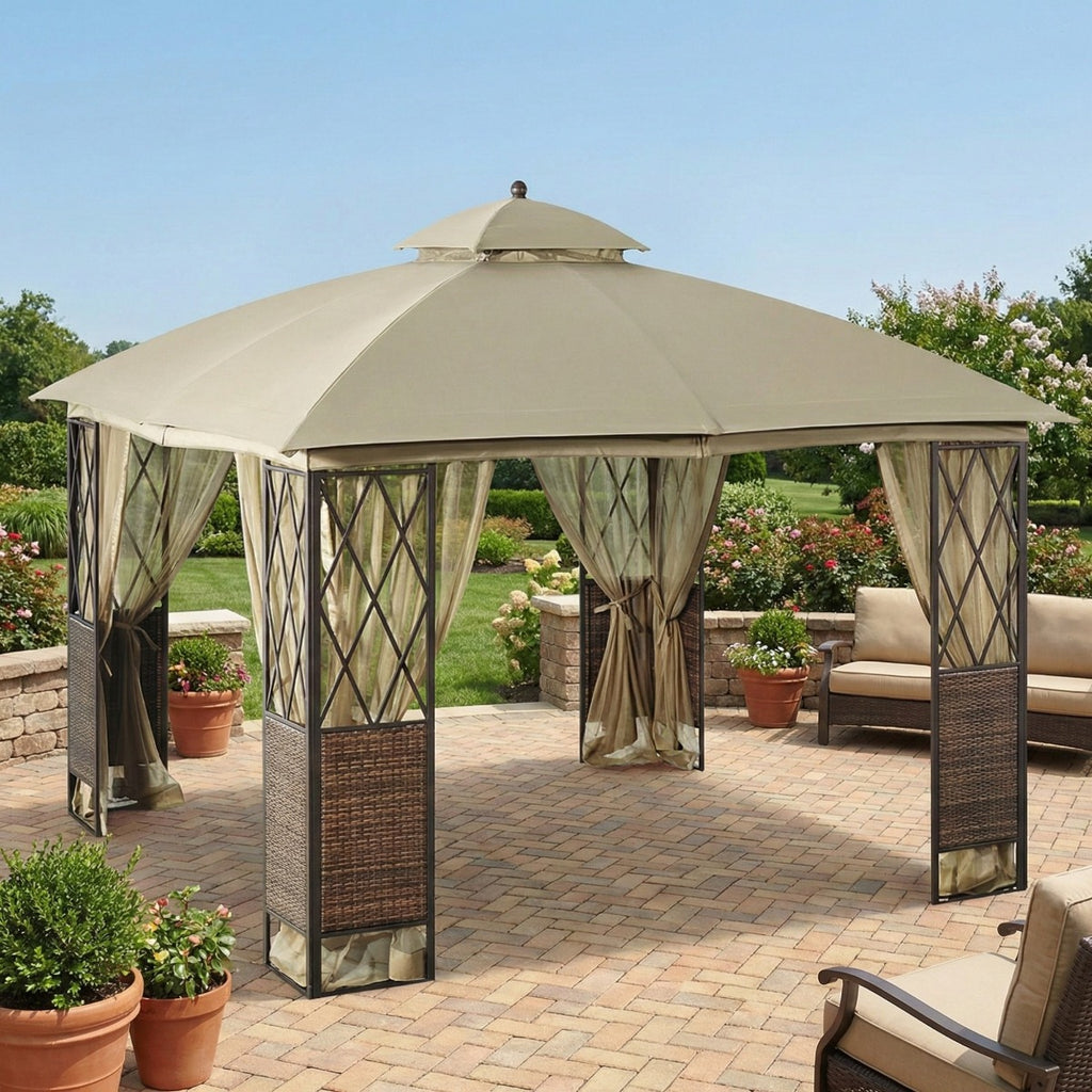 Replacement Canopy and Netting Set for EG Wicker GF-16S097B 10' x 10' Gazebo - Beige, RipLock 350
