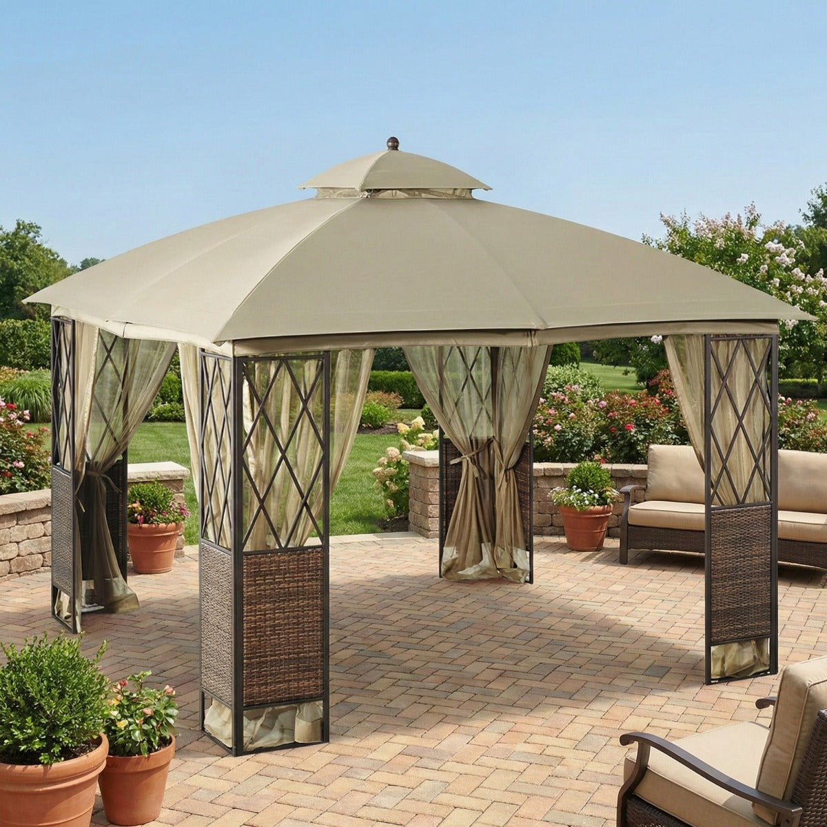 Replacement Canopy and Netting Set for EG Wicker GF-16S097B 10' x 10' Gazebo - Beige, RipLock 350