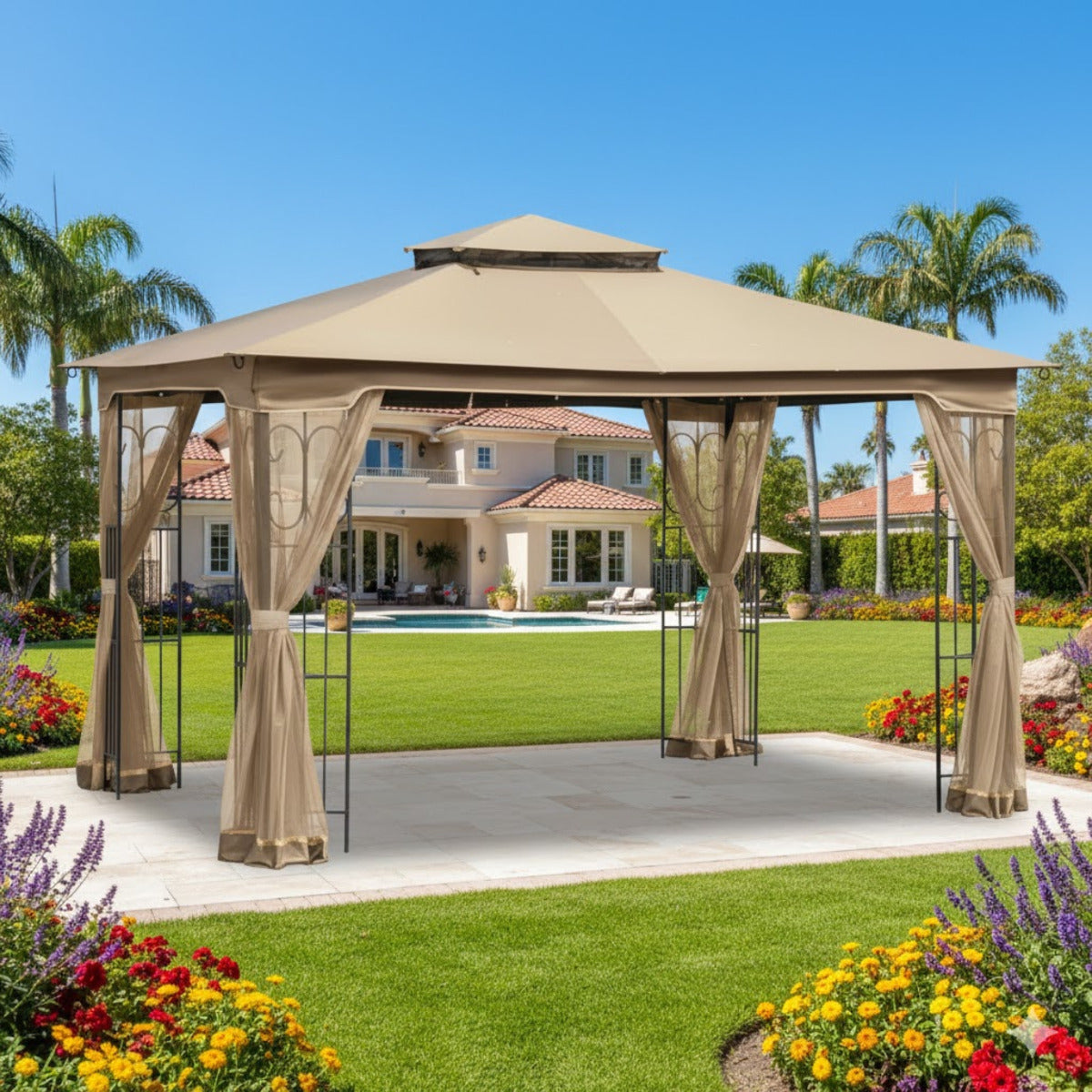 Replacement Canopy and Netting Set for Regency II L-GZ798PST 10' x 12' Gazebo - Beige, RipLock 350