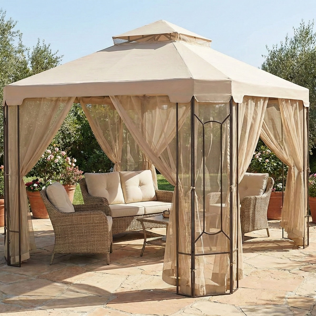 Replacement Canopy and Netting Set for Cottleville GFS00744A 10' x 10' Gazebo - Beige, Riplock 350