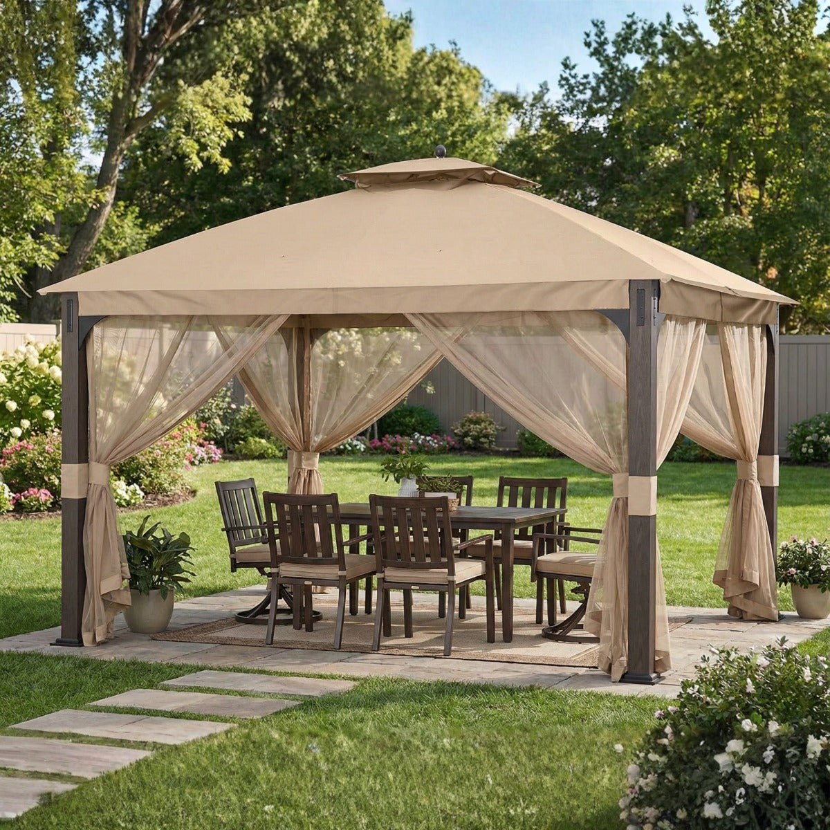 Replacement Canopy and Netting Set for Shadow Creek L-GZ1140PST 10' x 12' Gazebo - Beige, Riplock 350