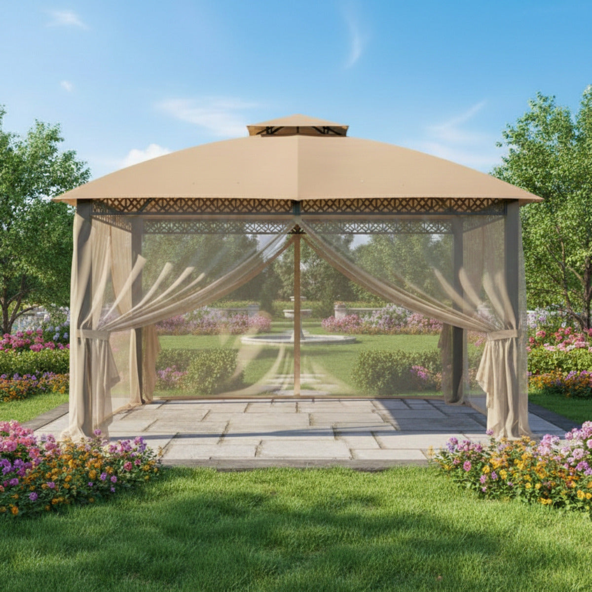 Replacement Canopy and Netting Set for Fabric Top A101014701 10' x 12' Gazebo - Beige, Riplock 350