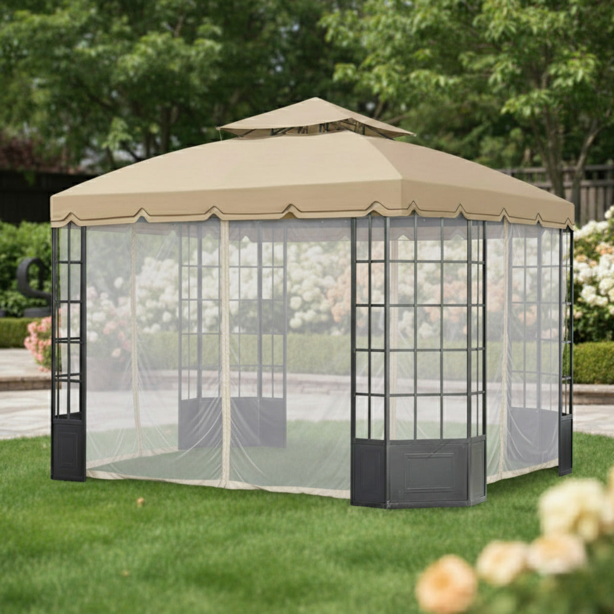 Replacement Canopy and Netting Set for Bay Window L-GZ120PST-2 10' x 12' Gazebo - Beige, RipLock 350