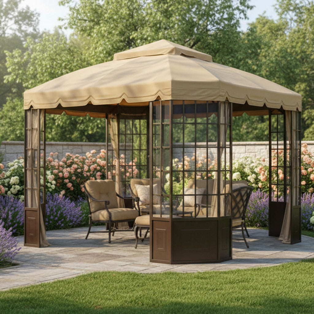 Replacement Canopy and Netting Set for Sutton Classic 009-05-0093 10' x 12'  Gazebo - Beige, RipLock 350