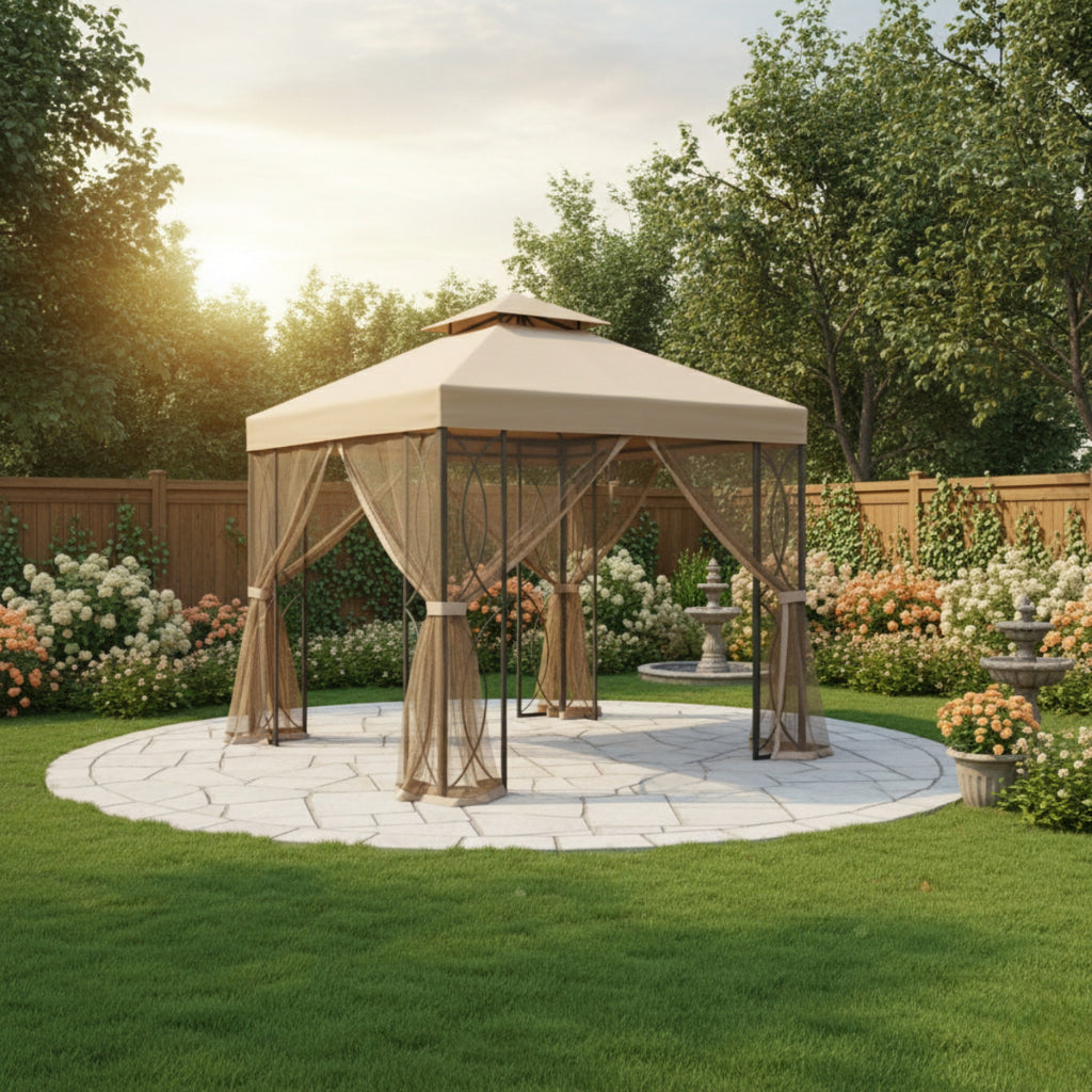 Replacement Canopy and Netting Set for Garden Treasures S-582D 8' x 8' Gazebo - Beige, RipLock 350