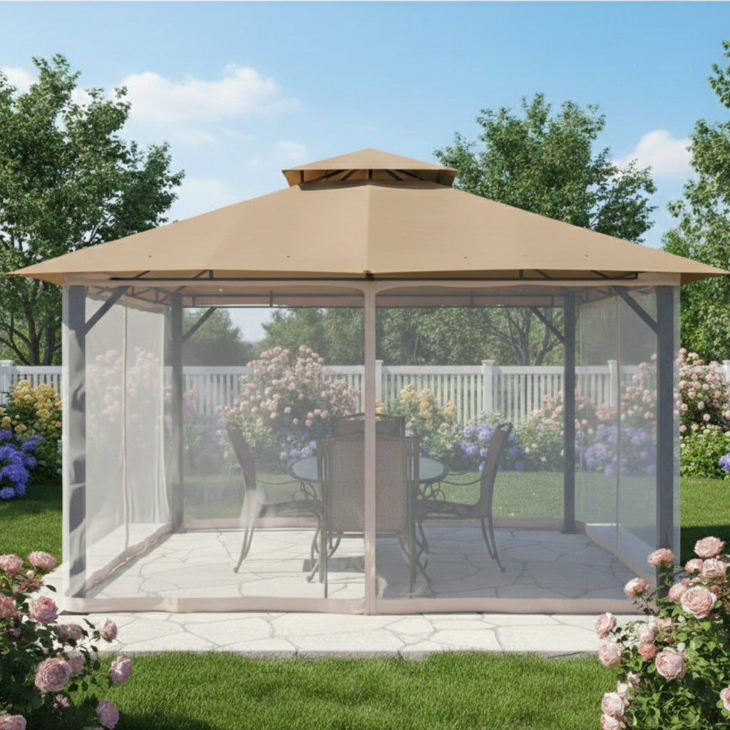 Replacement Canopy and Netting Set for Square S05376 14' x 14' Gazebo - Beige, RipLock 350