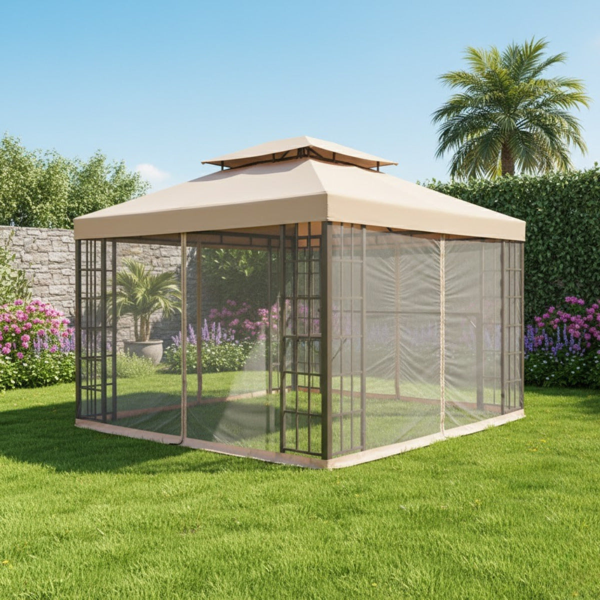 Replacement Canopy and Netting Set for Boscovs LG3204A 10' x 13' Gazebo - Beige, RipLock 350